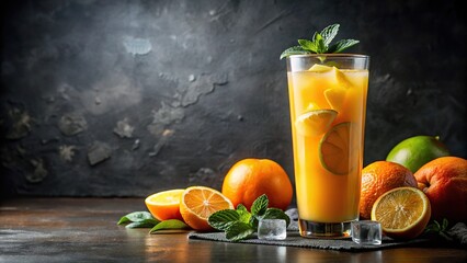 A tall glass of freshly squeezed juice with garnishes and ice cubes, garnish, drink