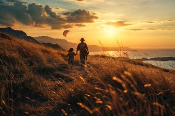 A father and daughter walk along a grassy coastal path, flying a kite as the sun sets over the ocean horizon..