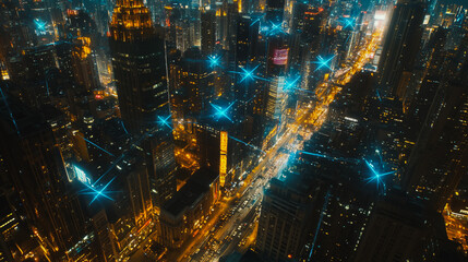 Obraz premium Smart digital Innovation city with connection network reciprocity over the cityscape. of future smart wireless digital city and social media networking systems that connects people with in city 