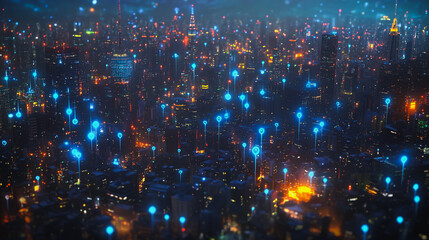 Obraz premium Smart digital Innovation city with connection network reciprocity over the cityscape. of future smart wireless digital city and social media networking systems that connects people with in city 