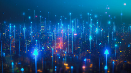 Obraz premium Smart digital Innovation city with connection network reciprocity over the cityscape. of future smart wireless digital city and social media networking systems that connects people with in city 