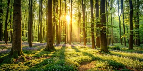 A sunny day in the forest with dappled sunlight filtering through the leaves of towering trees, revealing a carpet of soft moss and wildflowers, sunlit forest, 