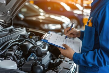 Fototapeta premium A mechanic in blue work attire holds a clipboard while examining the engine of a car