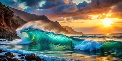 Naklejka premium A stunning turquoise ocean wave crashes against the rugged shore of a volcanic beach at sunset, turquoise ocean, sunset