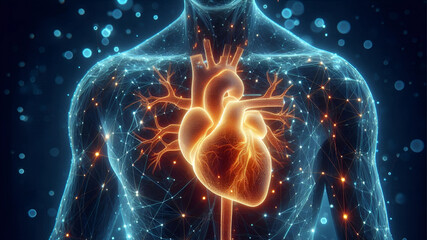 A highly realistic close-up of a glowing human heart in abstract.