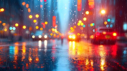 Fototapeta premium Rainy City Night with Blurred Lights. Illustration background for presentation 