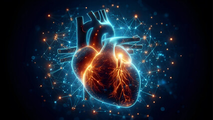 A highly realistic close-up of a glowing human heart in abstract.