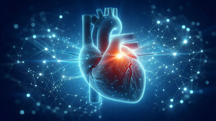 A highly realistic close-up of a glowing human heart in abstract.