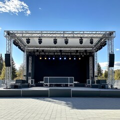 A large outdoor stage with a black backdrop, lights, and speakers, set up against a bright blue sky and green trees.