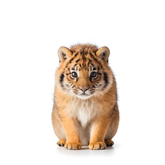 Obraz premium a close up portrait of an adorable tiger cub, majestic wild animal, photorealistic, highly detailed, intricate fur texture, striking eyes, beautiful lighting, studio shot, white background