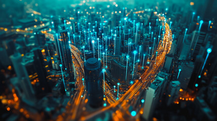 Smart digital Innovation city with connection network reciprocity over the cityscape. of future smart wireless digital city and social media networking systems that connects people with in city	