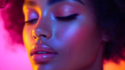 Obraz premium Close-up portrait of a woman with afro hair and colorful lighting. Illustration background for presentation 