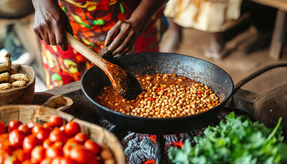 A woman cooking peanut stew or groundnut stew in a pan.