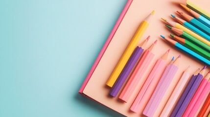 Fototapeta premium Colorful pencils arranged beside a sketchbook on a pastel background.