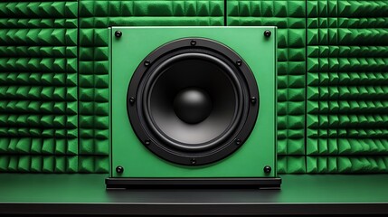 Fototapeta premium Green Speaker in a Soundproof Room with Acoustic Panels Subtle Blur Background with Space for Custom Text