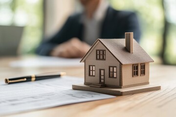 A small model of a house sits on a desk in a modern office, symbolizing real estate