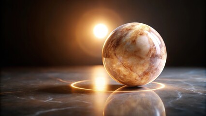 A solitary marble sphere rests on a dark, polished surface, surrounded by a halo of soft, warm light, minimalist, calm, marble background, neutral, geometric