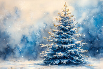 Watercolor painting of a snowy blue Christmas tree, adorned with soft white snowflakes, set against a light, blurred winter background with serene glow....