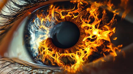 Close-up of the iris of a human eye with swirling flame-like patterns reflecting emotion and intensity in surreal detail. created with Generative AI technology