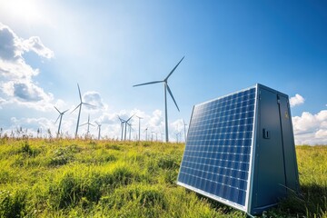 A solar panel is attached to a large battery storage container, standing in an open grassy