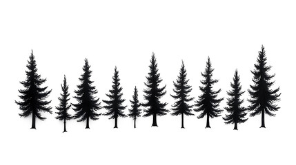 Black Silhouette of Pine Trees with Misty on white and transparent background.