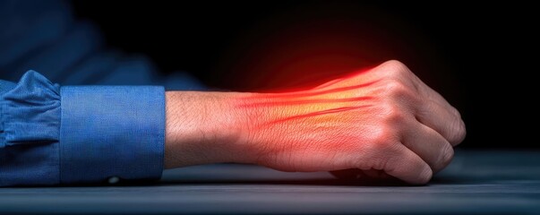 Human hand showing wrist pain, illuminated against a dark background.