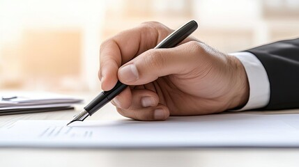 Close-up of a hand writing with a pen on a document in a professional setting.