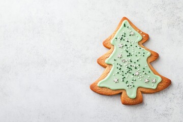 Festive christmas tree cookie with green icing and sprinkles on light background