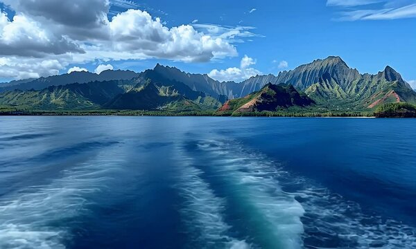 View of the napali coast from on board an oceanic boat in hawaii, blue sky, ocean waves and mountains, shot with canon eos r5


