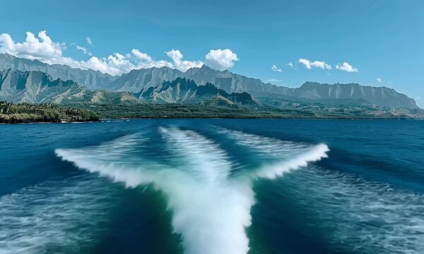 View of the napali coast from on board an oceanic boat in hawaii, blue sky, ocean waves and mountains, shot with canon eos r5


