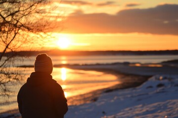 Serene winter sunset over snowy shoreline with silhouette of person
