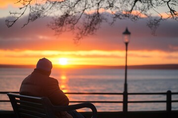 Fototapeta premium Contemplative sunset by the lake: solitude and reflection in nature's tranquil beauty