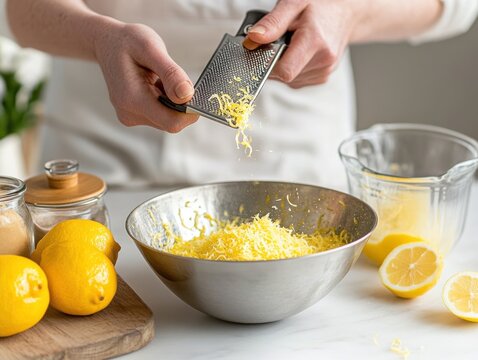 Chef grating fresh lemon zest into bowl in modern kitchen setting