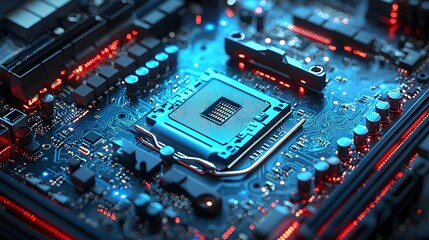 Fototapeta premium Close-up view of a green electronic circuit board showing intricate pathways and microchips surrounded by capacitors and other small components