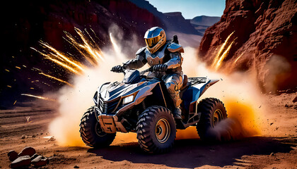 Astronaut in armored and robotic spacesuit in action on a ATV on planet surface, Starship troopers, space exploration and galaxy study mission, space science. Robot astronaut