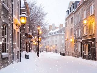 Charming winter street scene with snowfall and historic lanterns