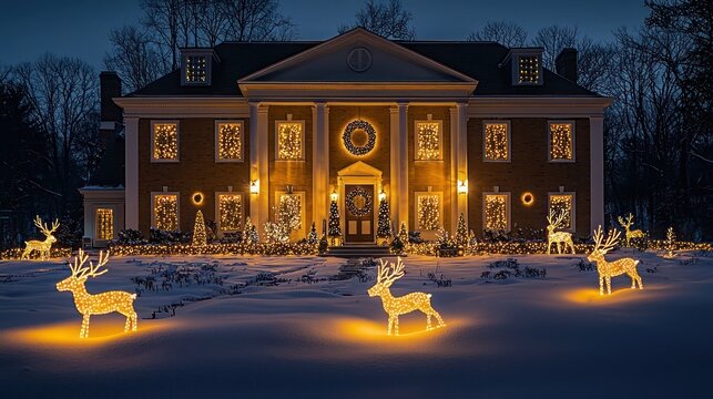 A grand colonial house illuminated by an elaborate Christmas lights display, with twinkling lights outlining every window and door, a glowing wreath on the front door - Powered by Adobe