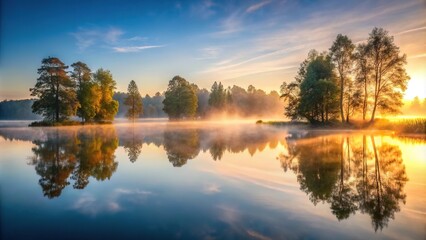 Obraz premium A serene lake at sunrise with mist rising from the water and trees reflected in the calm surface, landscape, peacefulness, reflection, mist, water