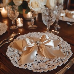 A beautifully styled table setting featuring lace doilies and satin bows as accents.