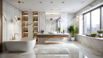 Modern White Bathroom Interior with Marble Tabletop for Display, Elegant Bathroom with Marble Countertop in White Tones
