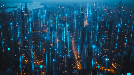 Smart digital Innovation city with connection network reciprocity over the cityscape. of future smart wireless digital city and social media networking systems that connects people with in city	