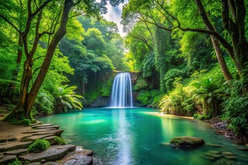 A serene forest path leading to a hidden waterfall cascading into a crystal-clear pool surrounded by lush greenery and towering trees, peaceful walk, lush greenery