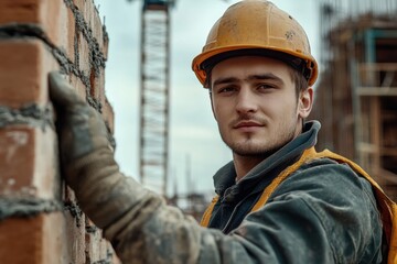 Fototapeta premium A young male mason worker wearing a uniform and safety helmet is working with a trowel