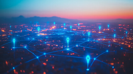 Fototapeta premium Smart digital Innovation city with connection network reciprocity over the cityscape. of future smart wireless digital city and social media networking systems that connects people with in city 