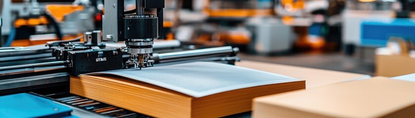 A close-up view of a precision machine working on a sheet material in a workshop, showcasing modern technology in manufacturing.
