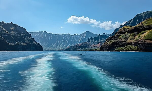 View of the napali coast from on board an oceanic boat in hawaii, blue sky, ocean waves and mountains, shot with canon eos r5


