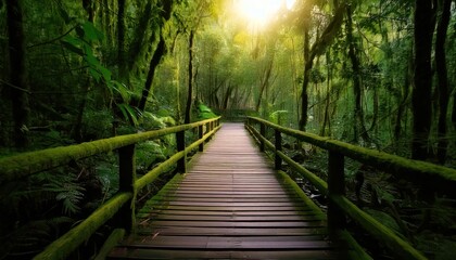Fototapeta premium Wooden bridge in the rain forest at Doi Inthanon National Park, Chiang Mai, Thailand 