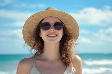 A young woman wearing a wide-brimmed hat and sunglasses smiles happily while standing