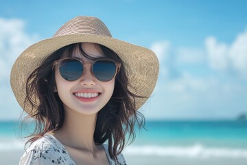 A young woman wearing a wide-brimmed hat and sunglasses smiles happily while standing