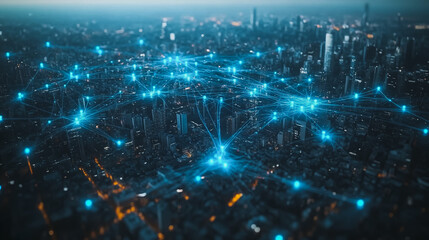 Fototapeta premium Smart digital Innovation city with connection network reciprocity over the cityscape. of future smart wireless digital city and social media networking systems that connects people with in city 